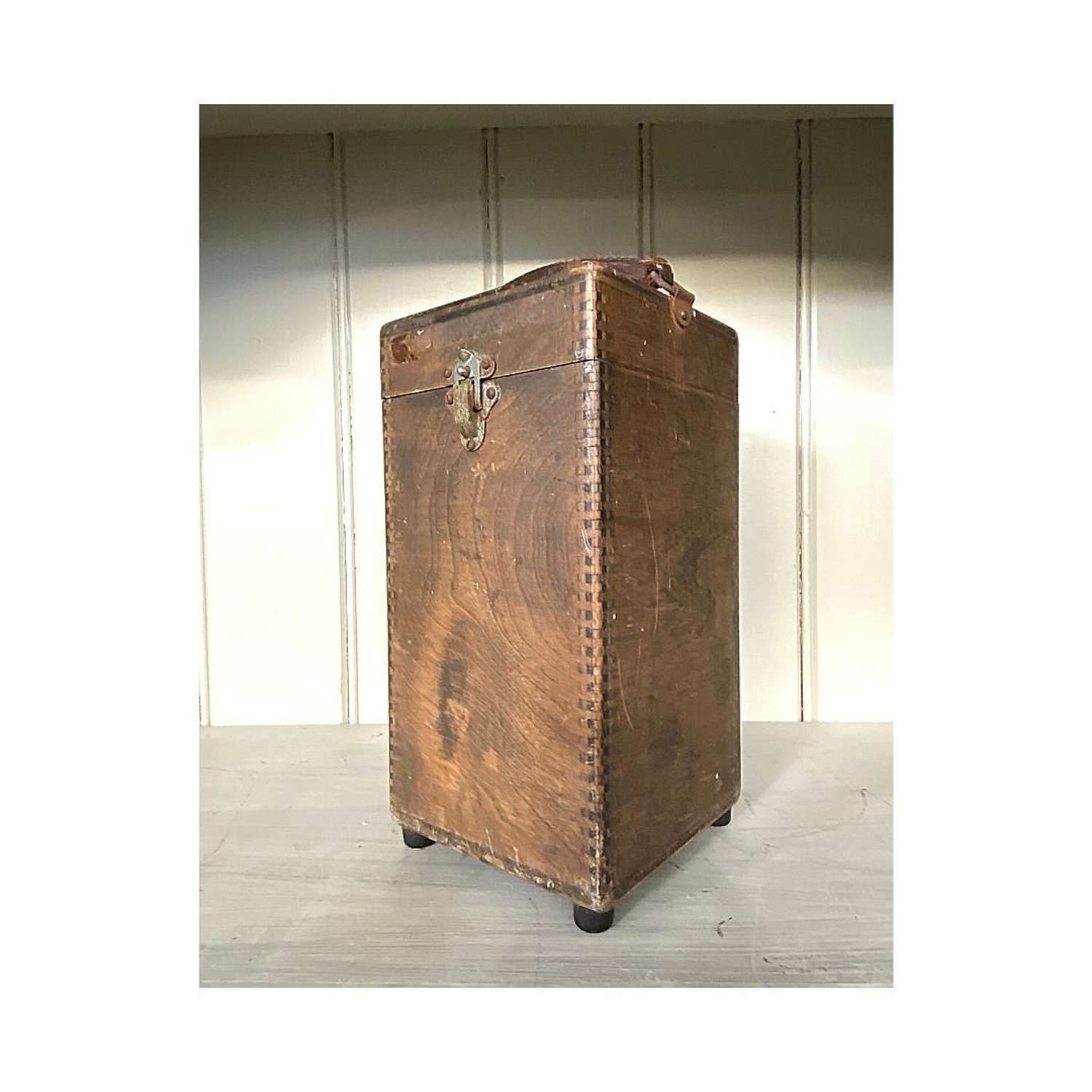 Vintage wooden box with leather carry handle