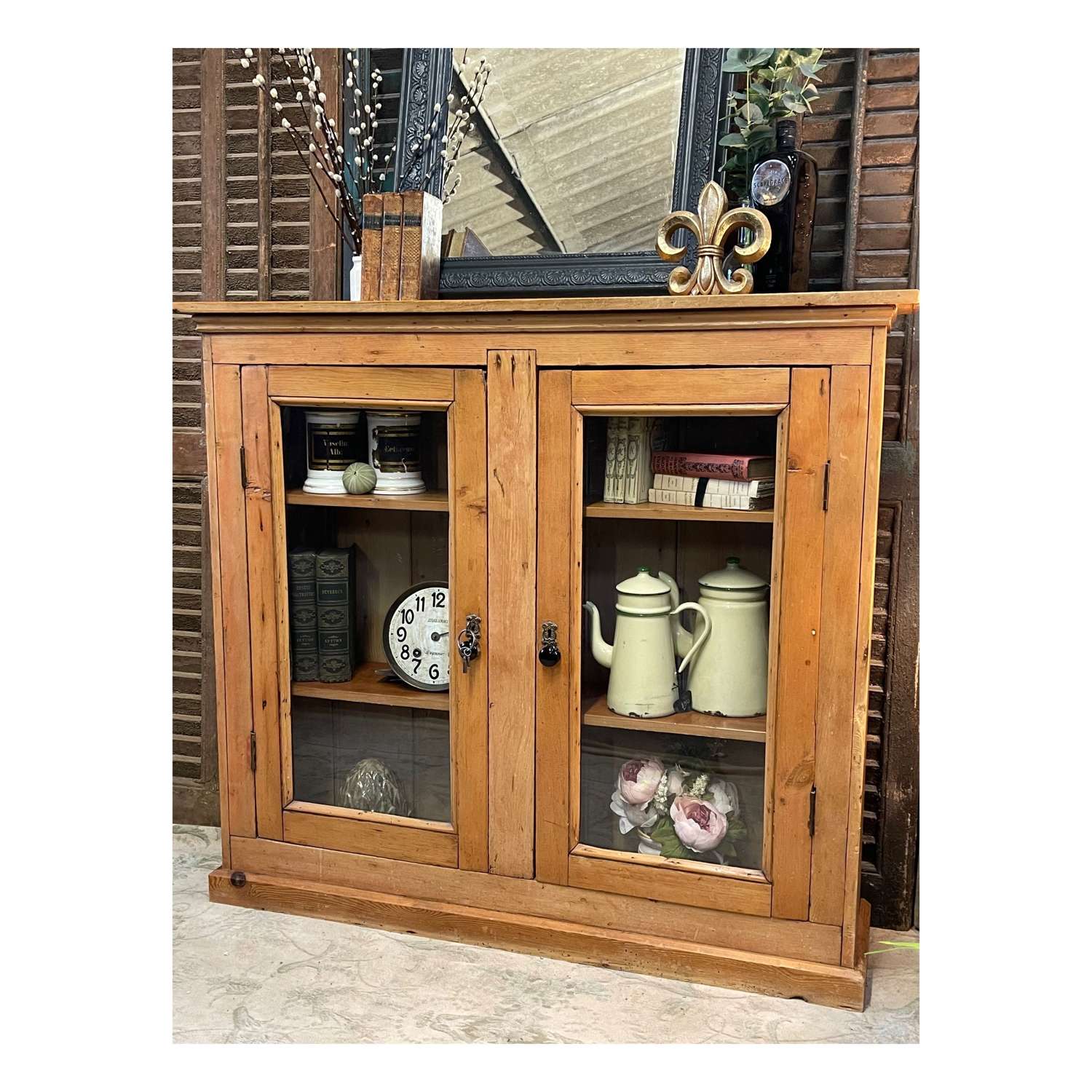 Antique pine glazed bookcase or cabinet