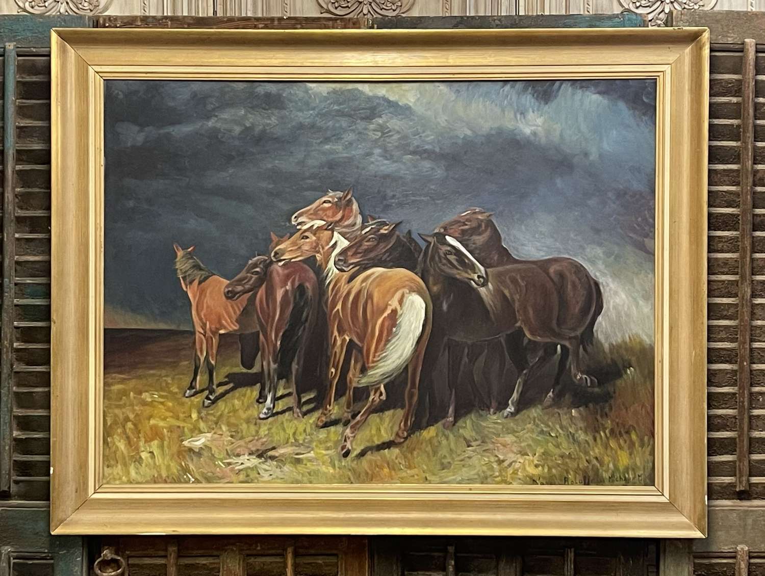 French oil painting of horses before the storm