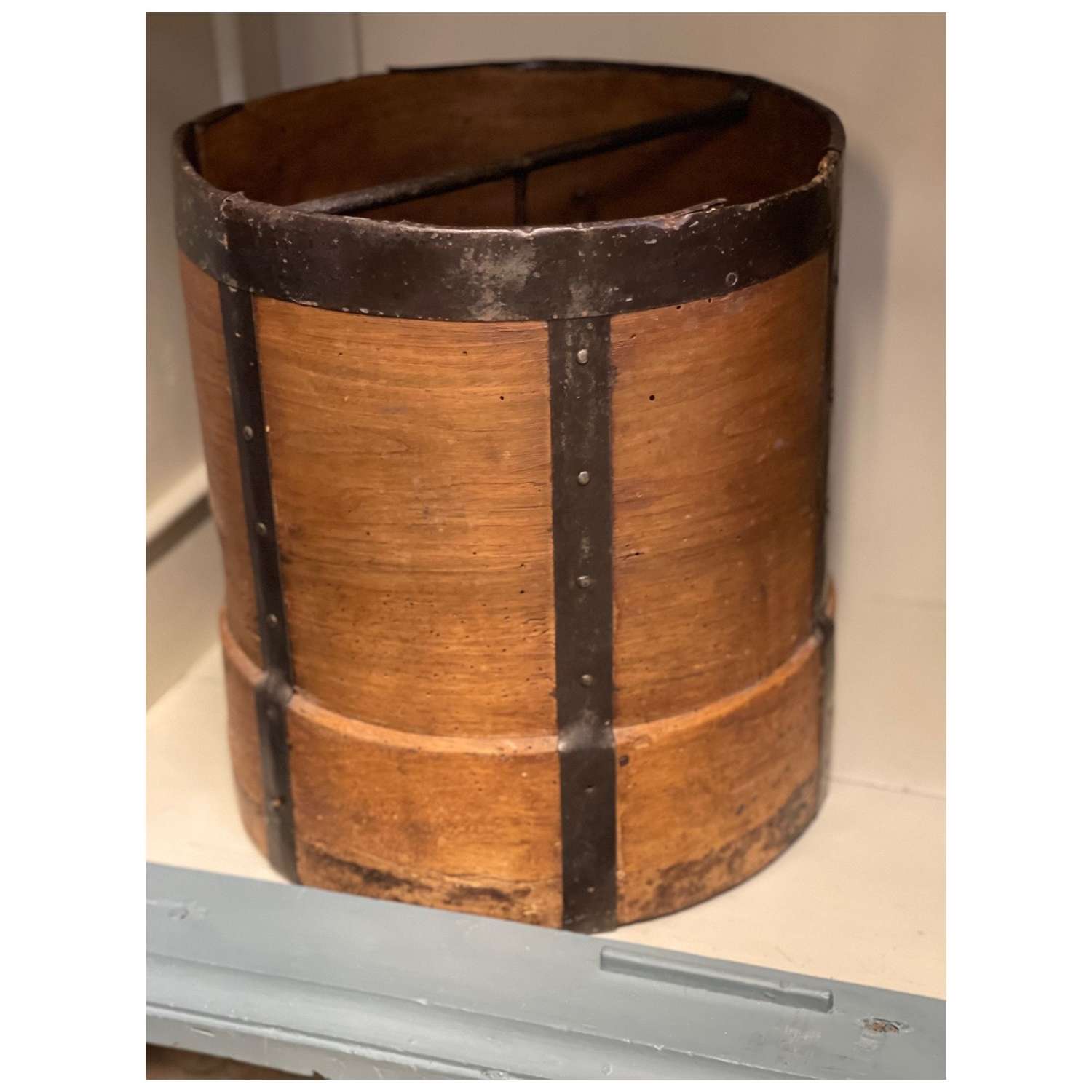 19th century French Walnut and Iron Grain Measure Bucket