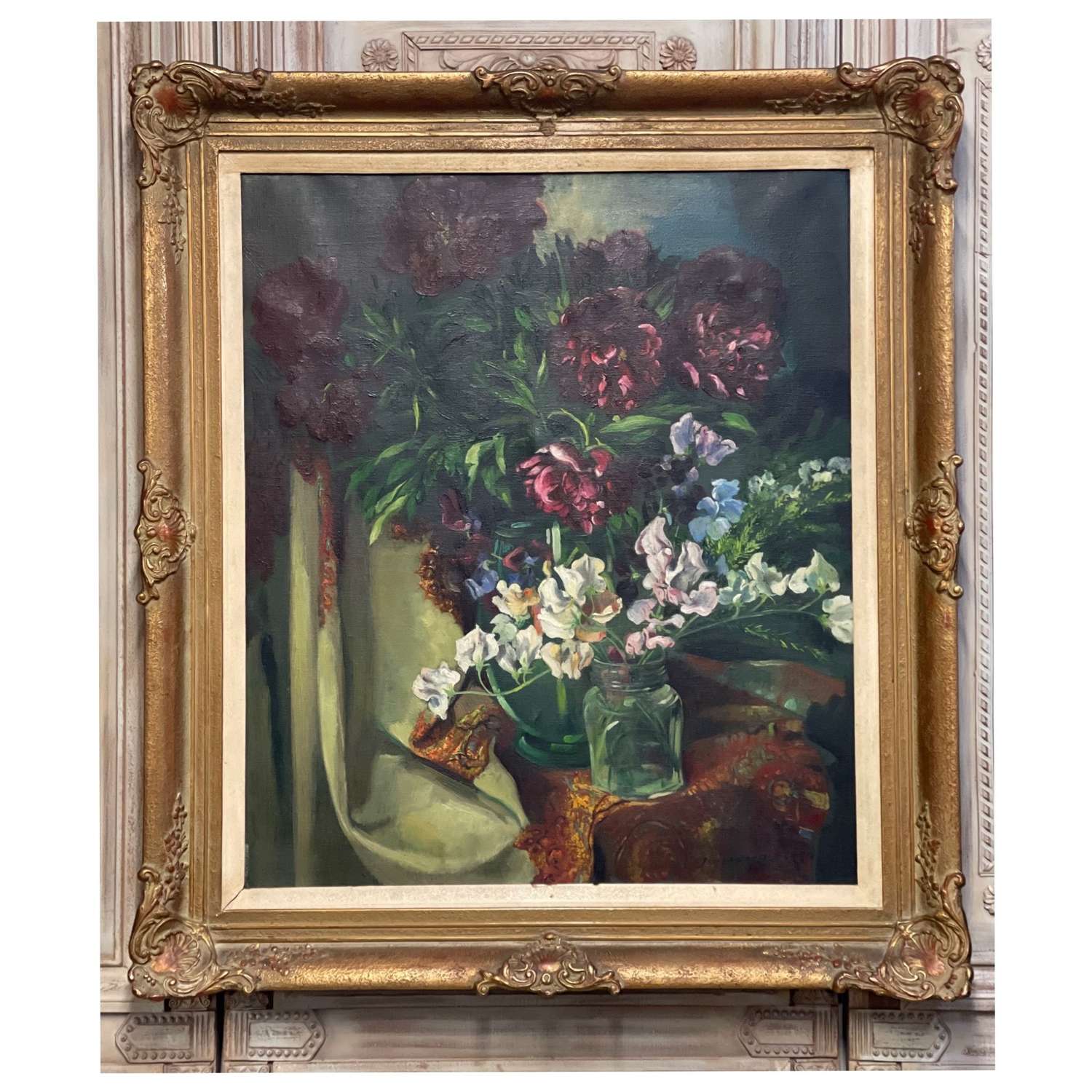 French signed oil on canvas peonies and sweet peas