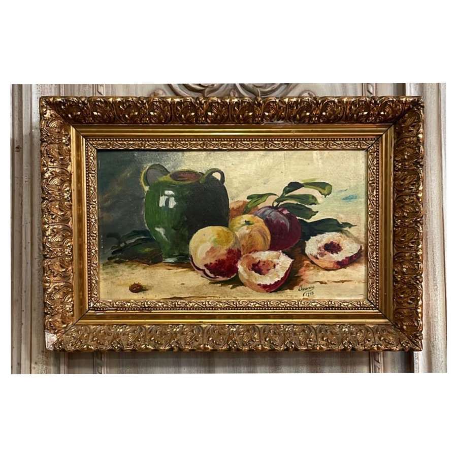 Antique signed French oil on board confit pot & peaches 1928