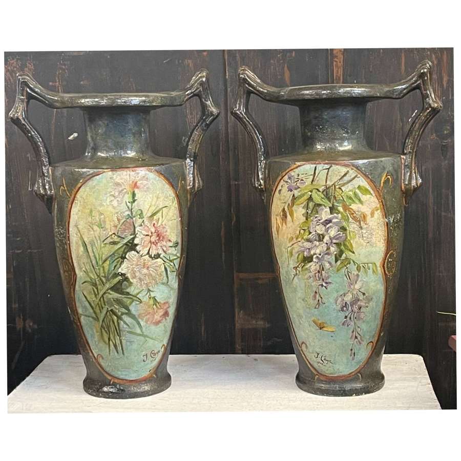 Antique pair of Art Nouveau painted terracotta urns 1908