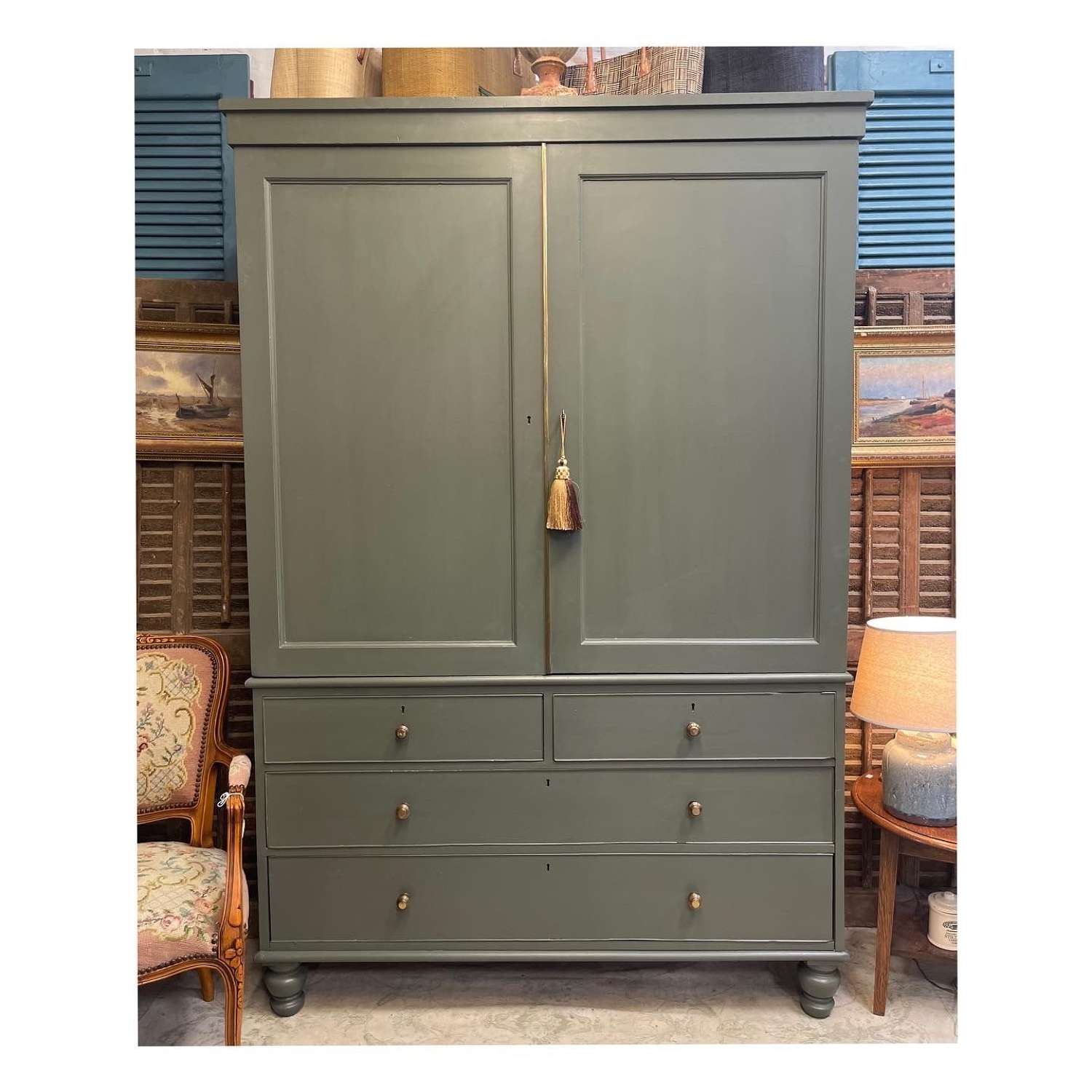 Painted Victorian Linen Press Wardrobe over Chest