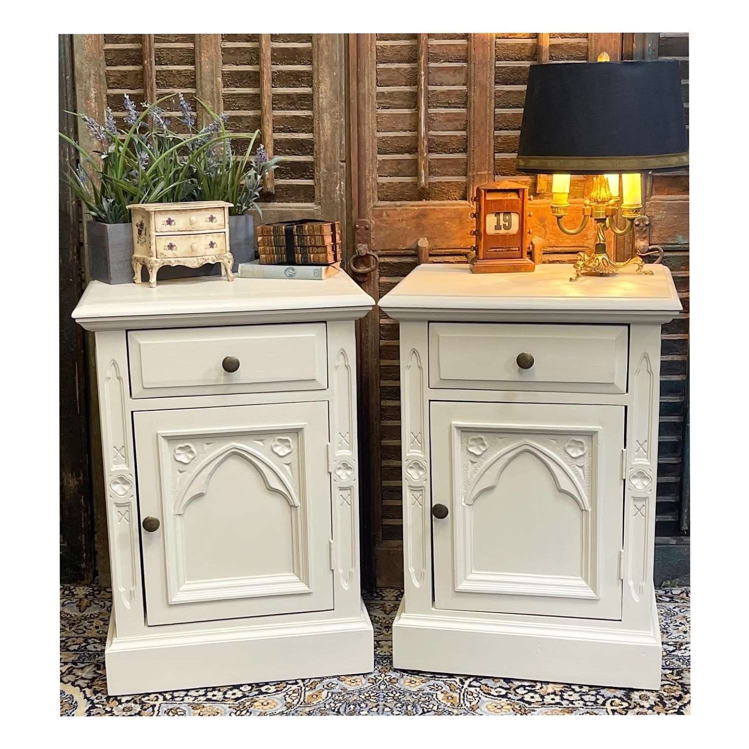 Pair of Painted Gothic Style Bedside Cabinets