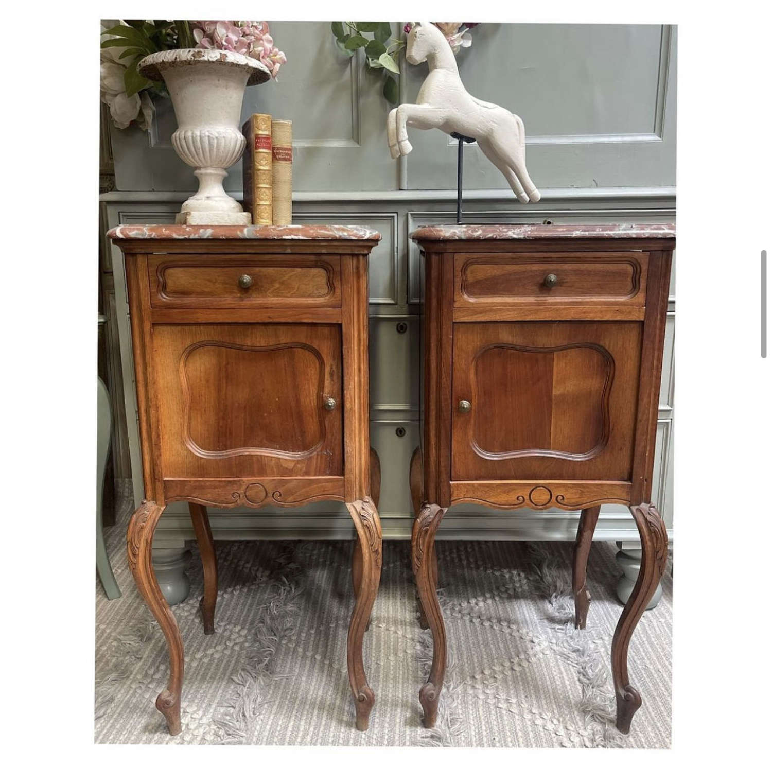 Pair of French Marble Top Nightstands or Bedside Tables