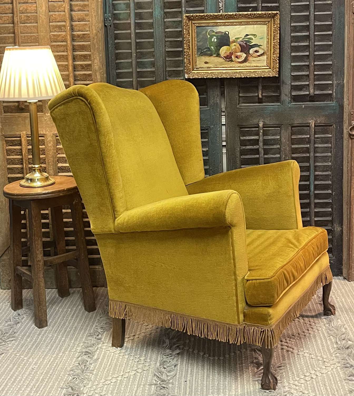 1920's Wingback Armchair in Mustard Fabric