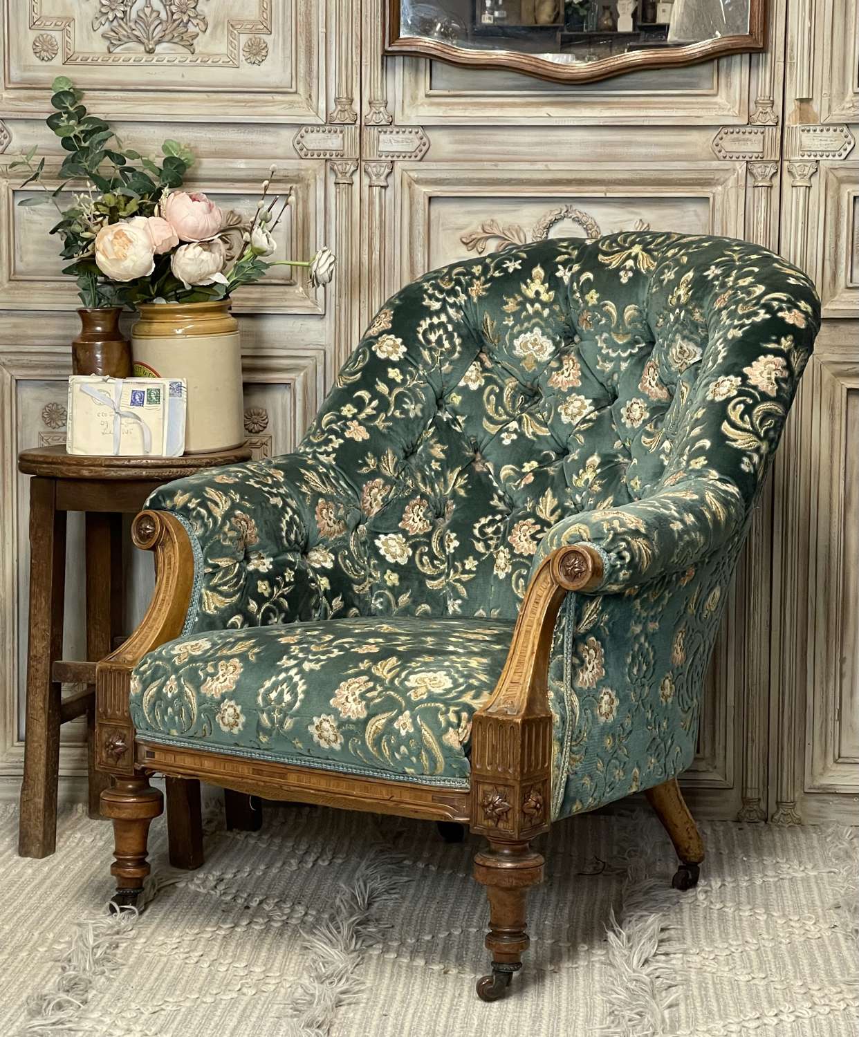 Victorian Walnut Show Frame Upholstered Armchair