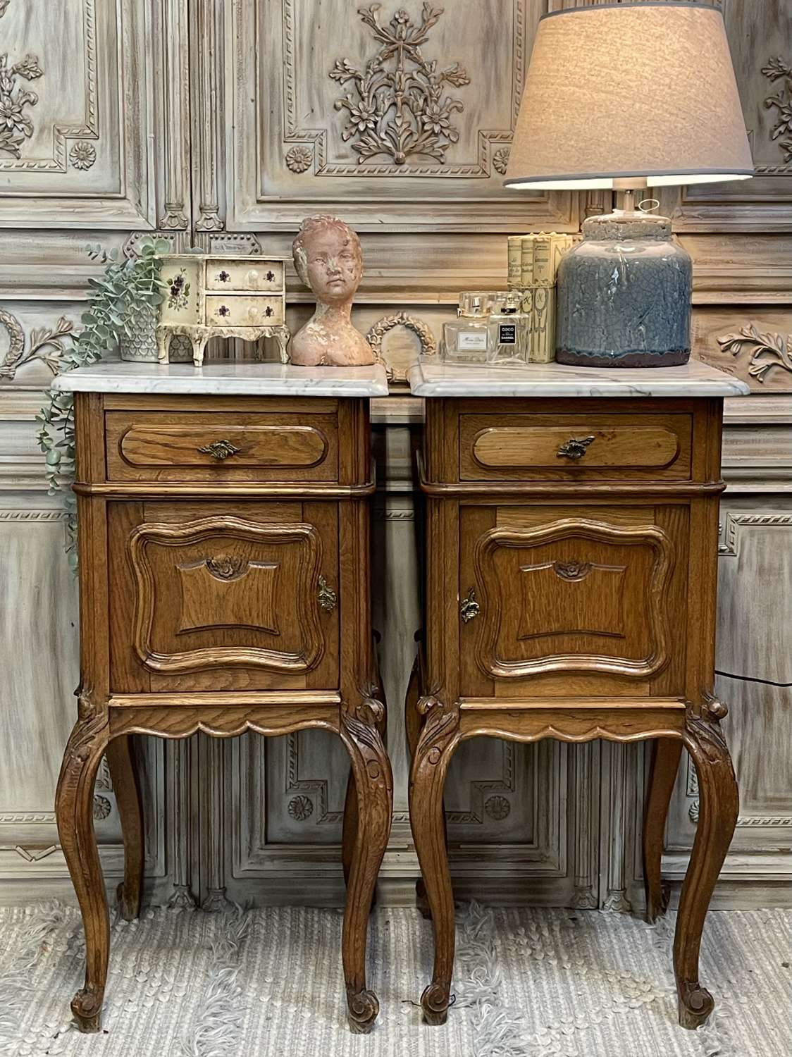 Pair of French Marble Top Bedside Tables