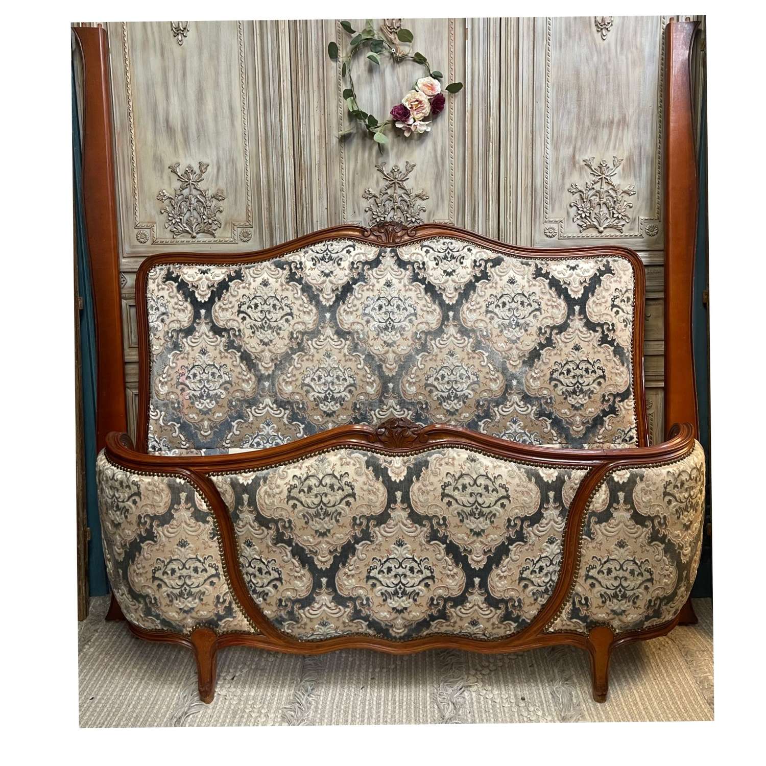 French Upholstered Double Corbeille Bed with Slats