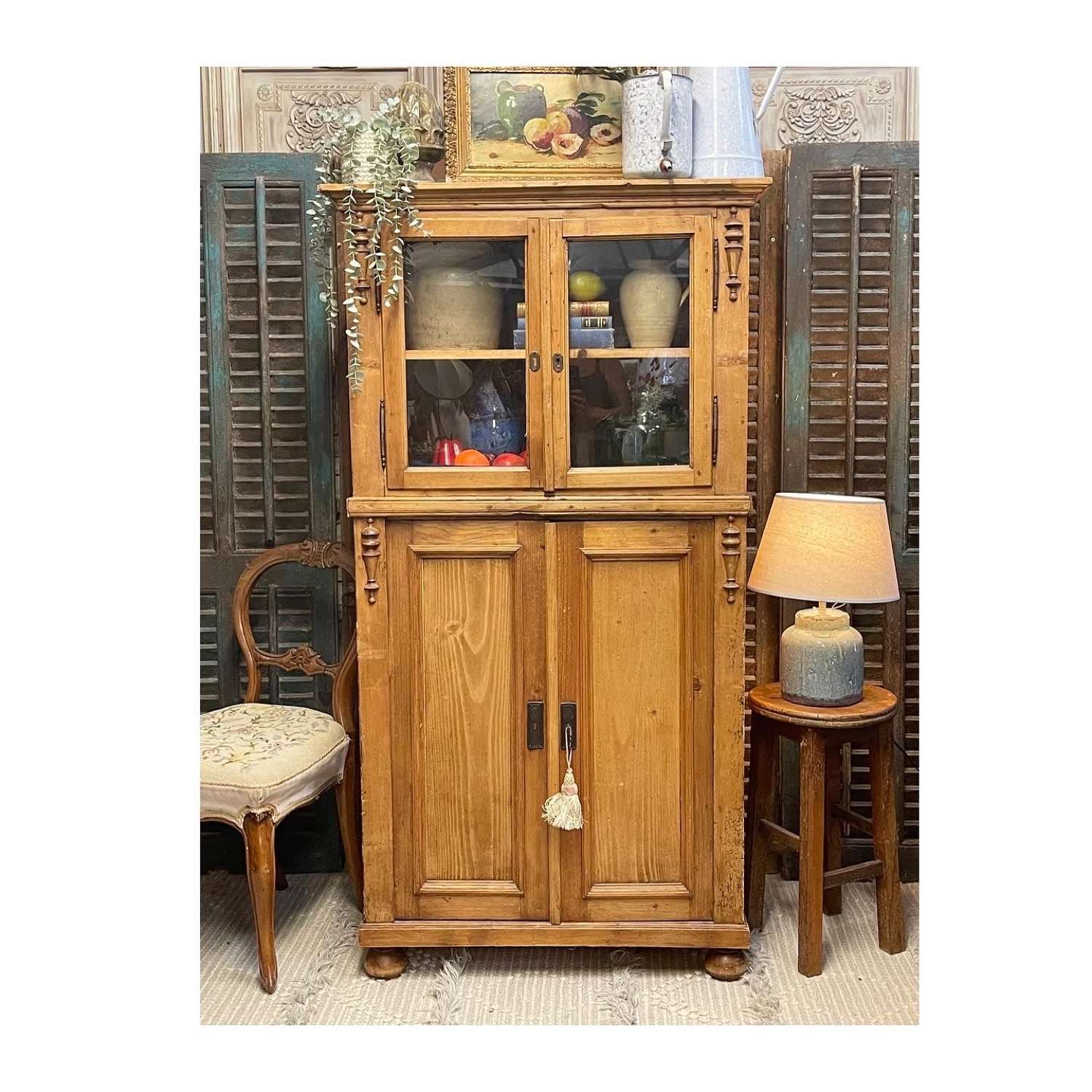 Antique Rustic Pine Cabinet, Larder, Glazed Dresser