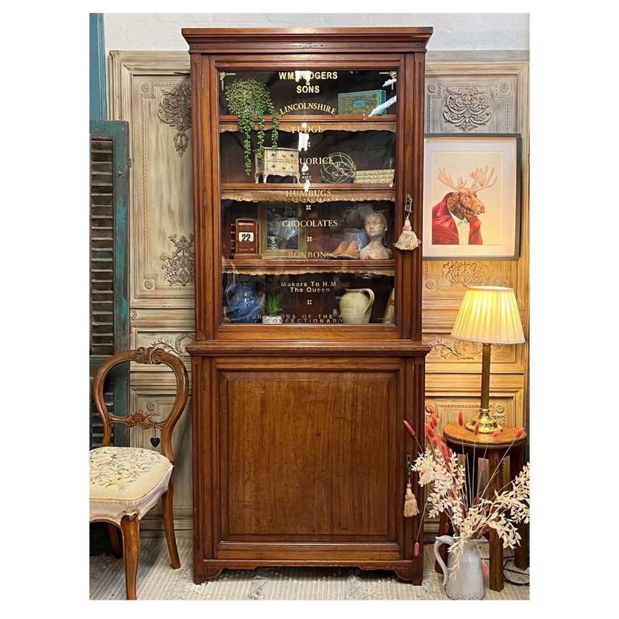 Antique Mahogany Cabinet, adjustable shelves, signwritten