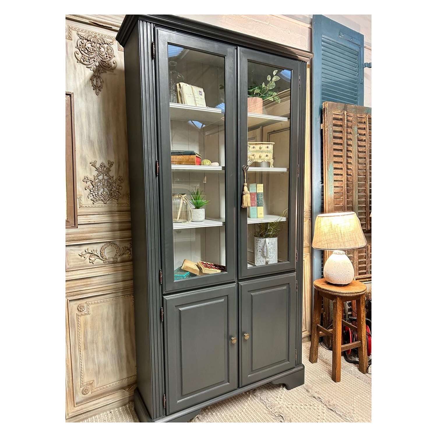 Tall Glazed Lockable Display Cabinet or Bookcase in Lamp Black