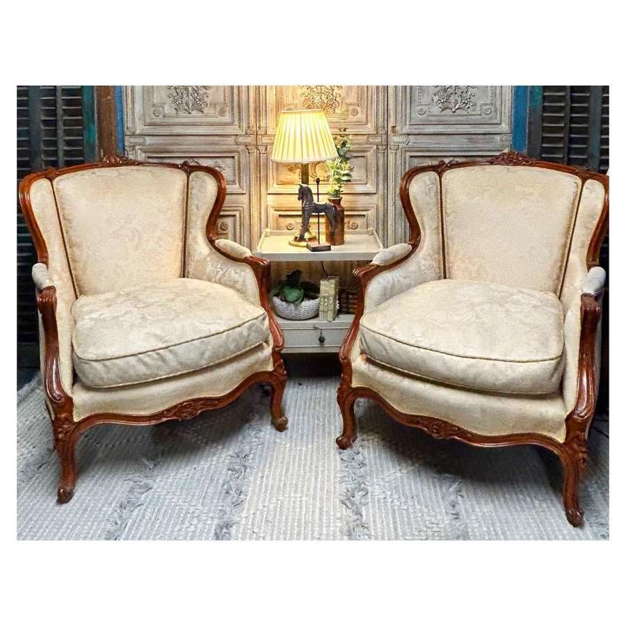 Vintage Pair of French Upholstered Bergere Armchairs