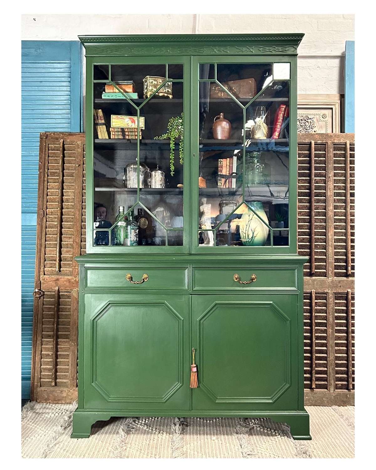 Regency Style Painted Dresser Bookcase Cabinet in Green and Black