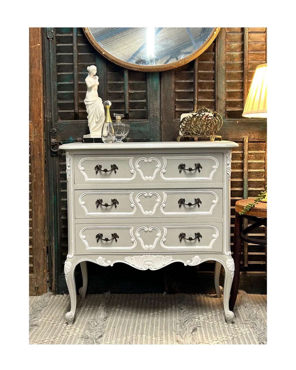 French Ornate Grey and White Chest of Drawers