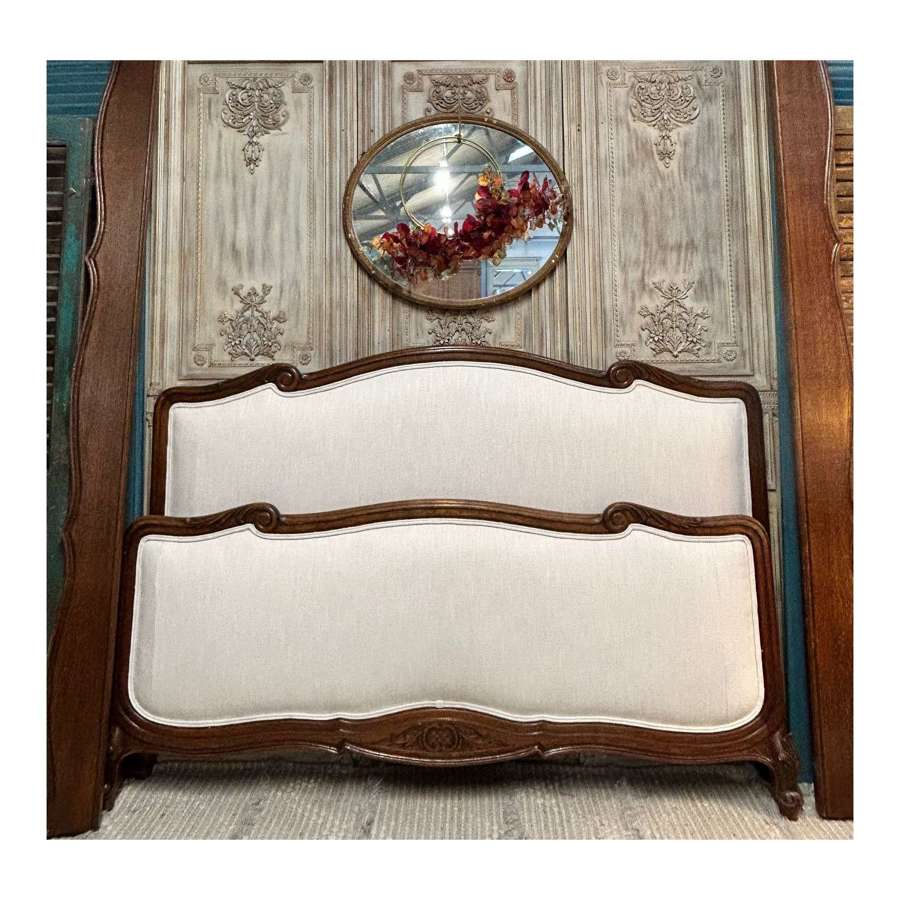 Upholstered Oak Frame French King Size Bed - Herringbone linen