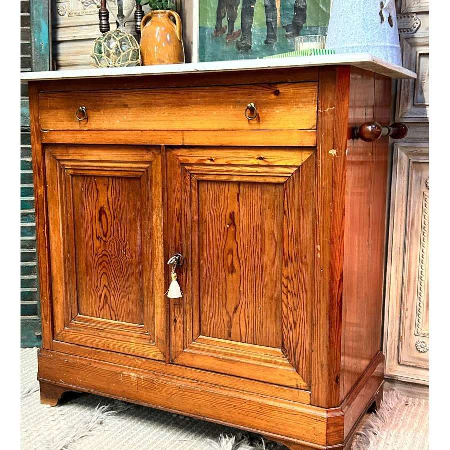 Rustic Pitch Pine Cupboard with Single Drawer and Marble Top