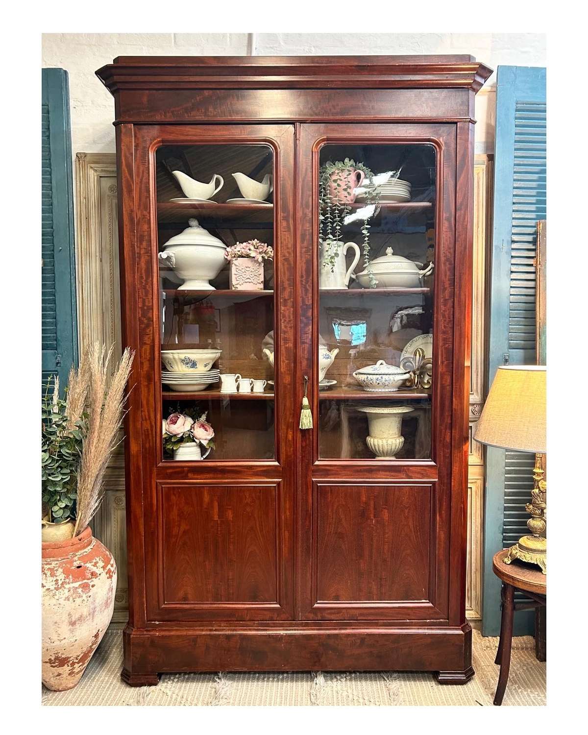 Large Antique French Mahogany Glazed Dresser Cabinet