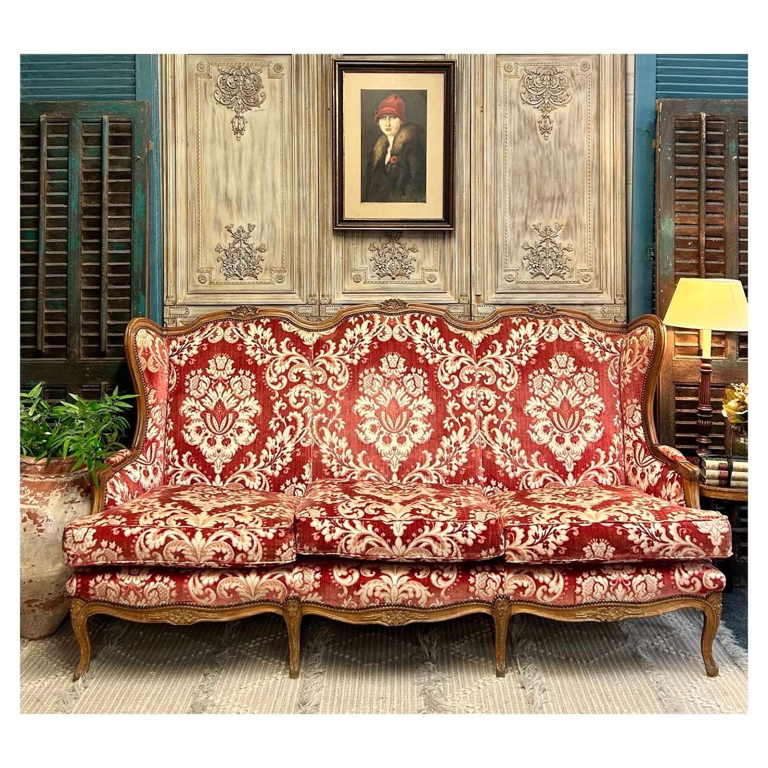French Vintage 3 seater sofa with carved frame and jacquard fabric