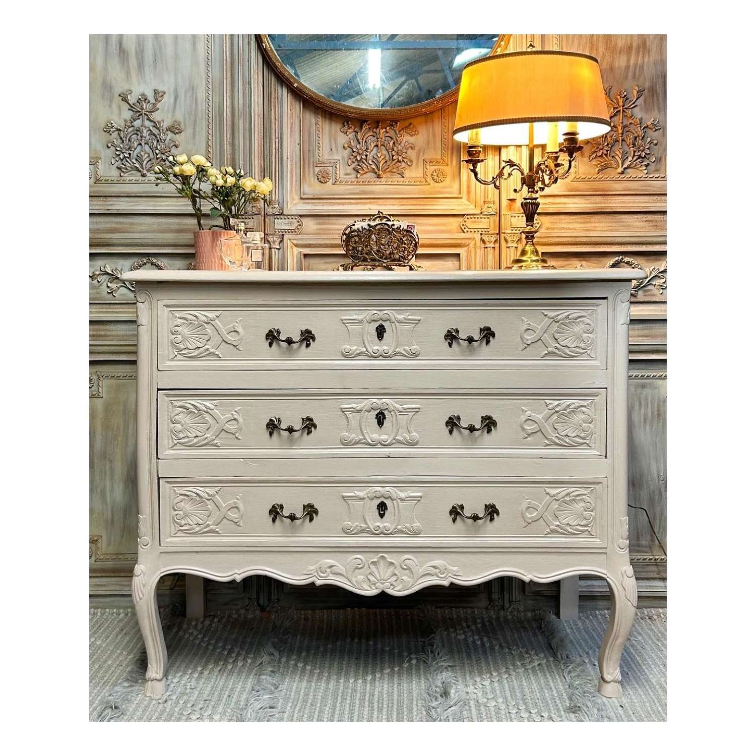 French Painted Carved Oak Chest of drawers
