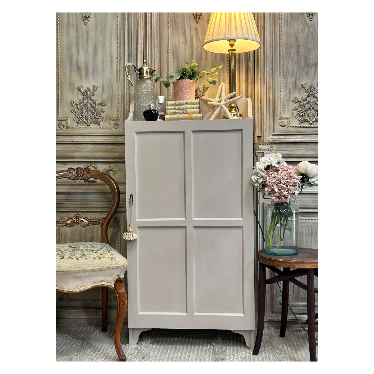 Painted Vintage Cupboard with Shelves and Key