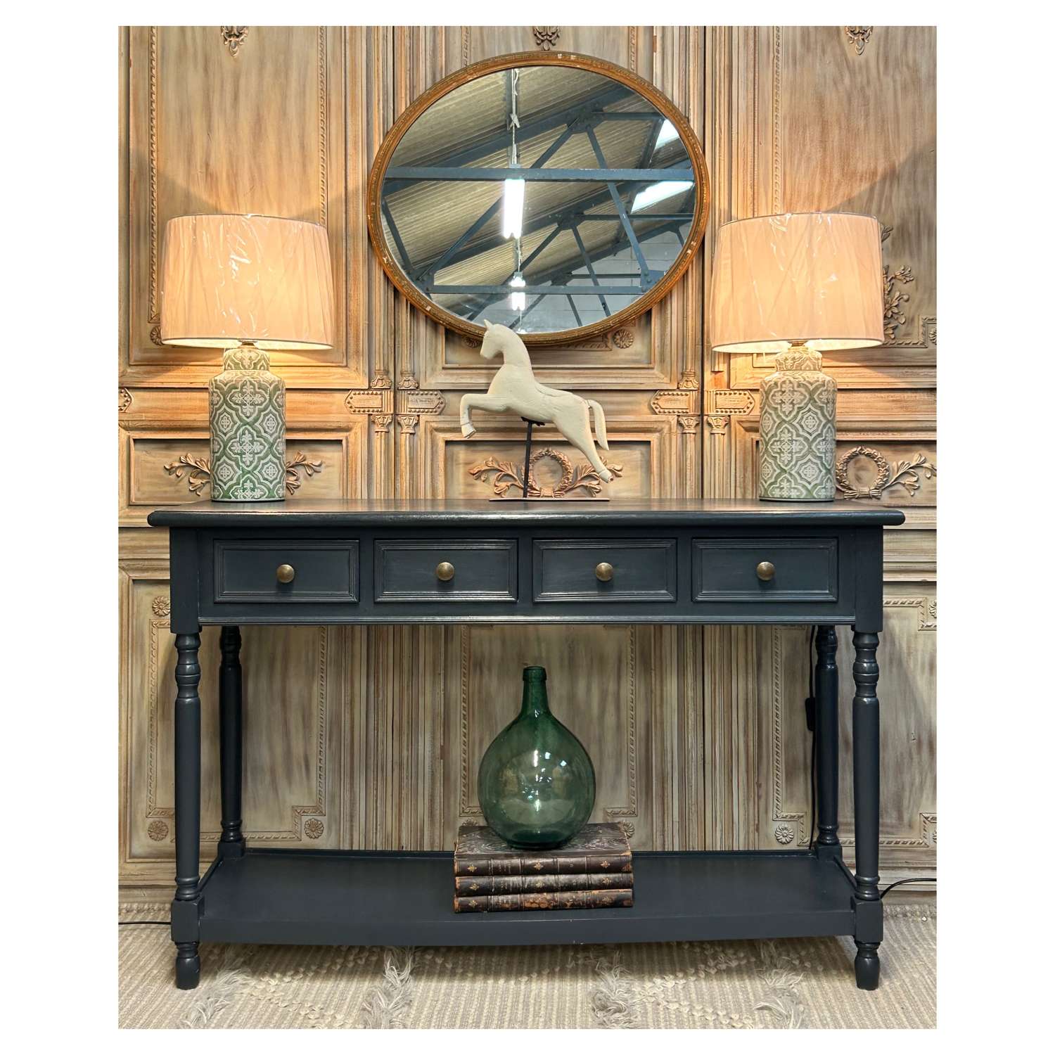 Hall Console Table with Drawers and Shelf in Railings