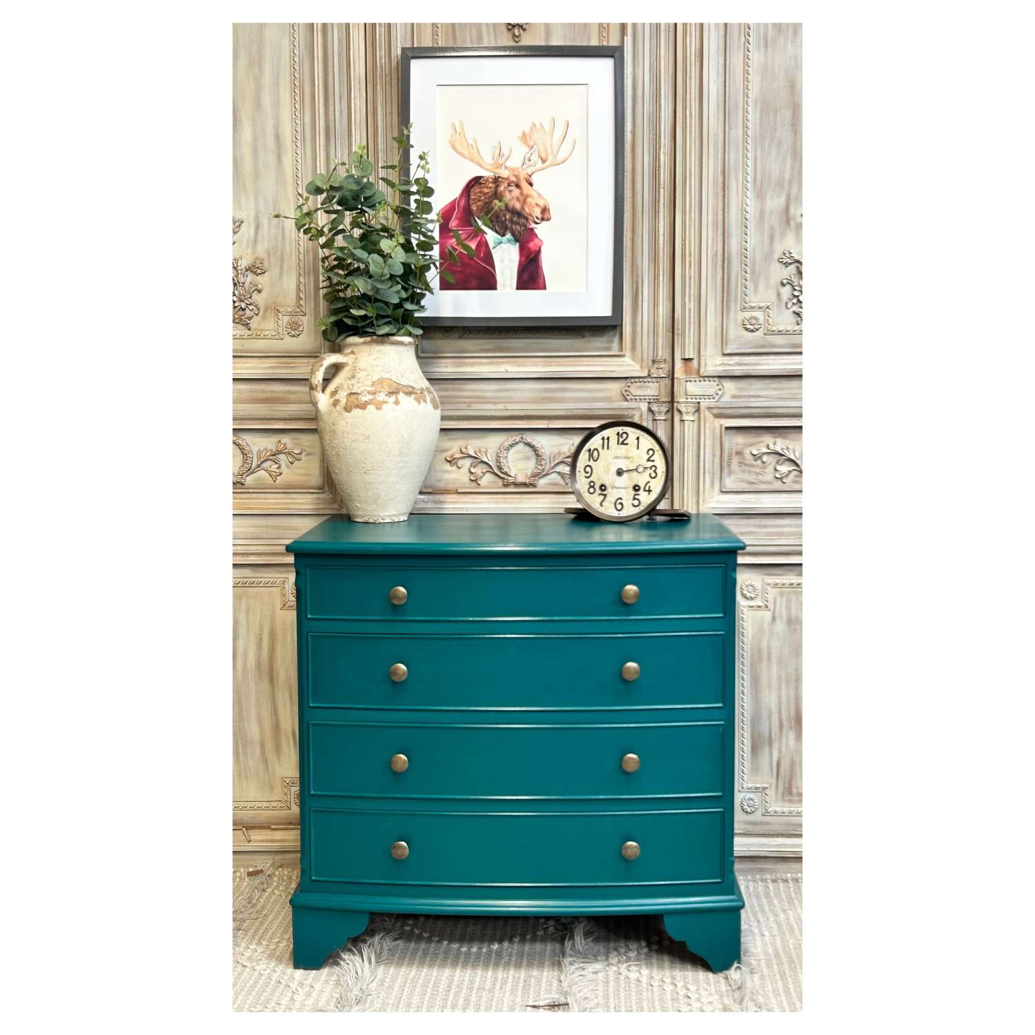 Regency Style Bow Front Chest of Drawers in Mid Azure Green