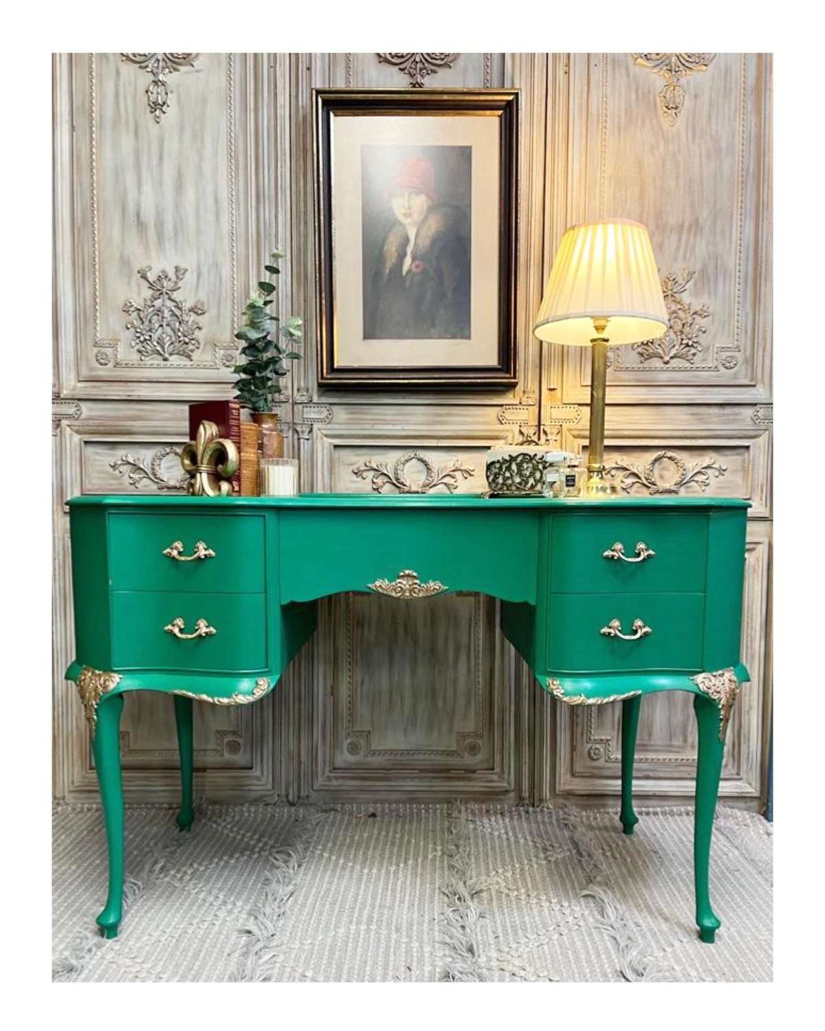 Stunning Vintage French dressing table, Green and Gold