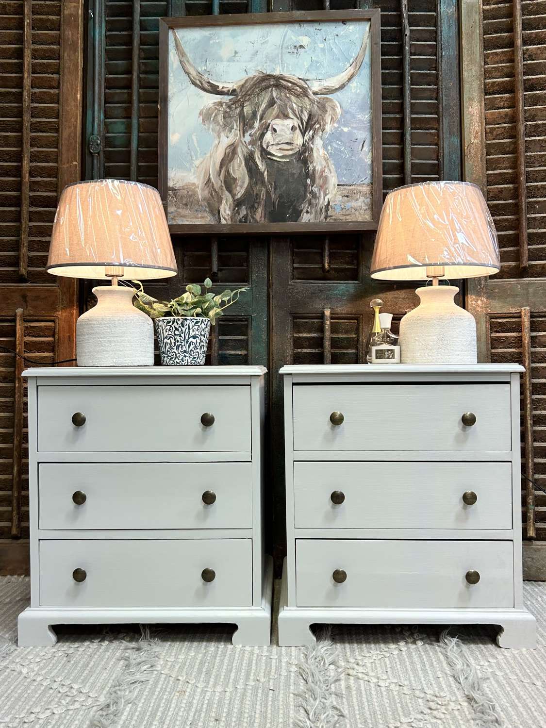 Pair of Painted Bedside Tables in French Grey, 3 Drawers