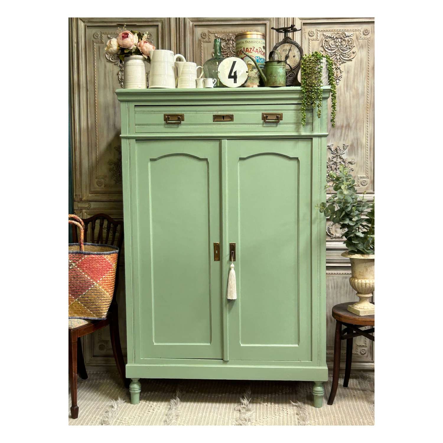 Vintage Green Painted French Kitchen Cupboard, Linen Cupboard, Storage