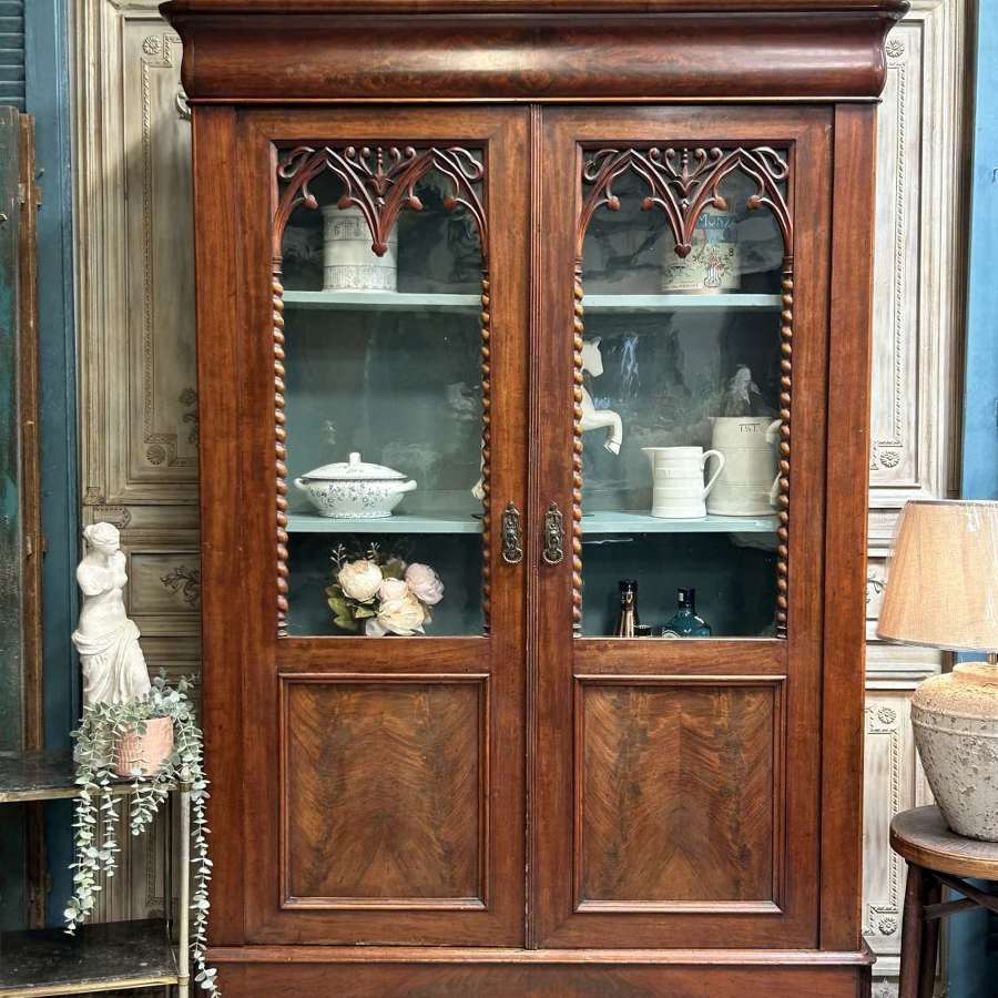 19th C French Flame Mahogany Glazed Cabinet, Drinks, Linen