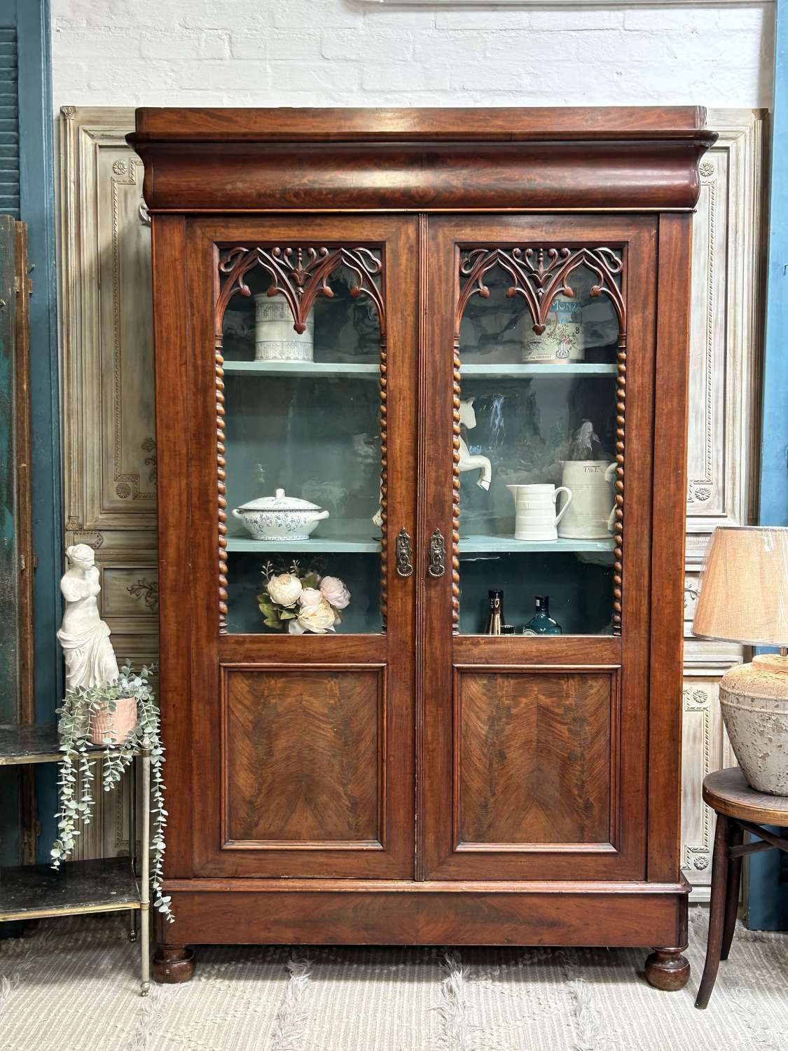19th C French Flame Mahogany Glazed Cabinet, Drinks, Linen