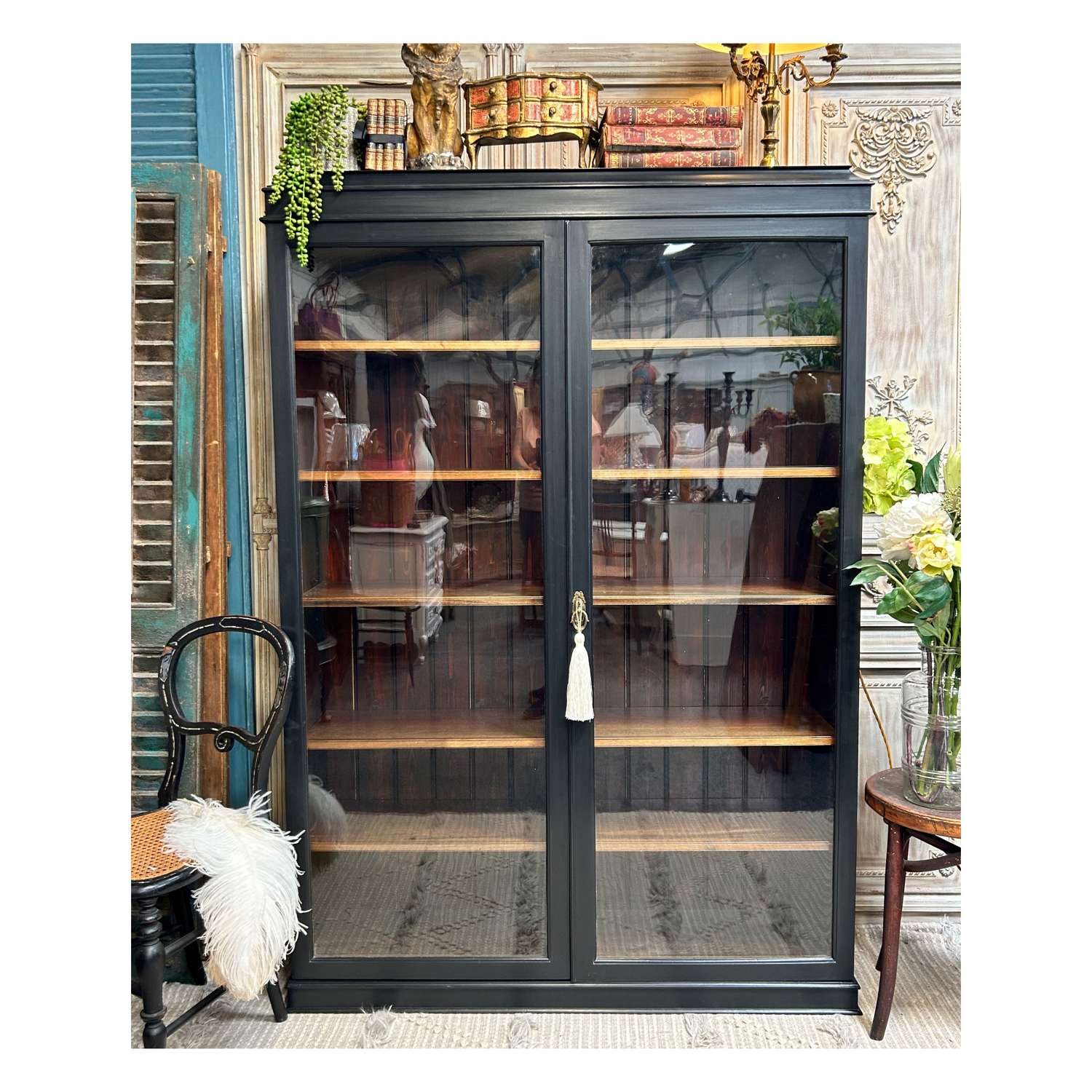 Large Glazed Bookcase or Cabinet in Jack Black