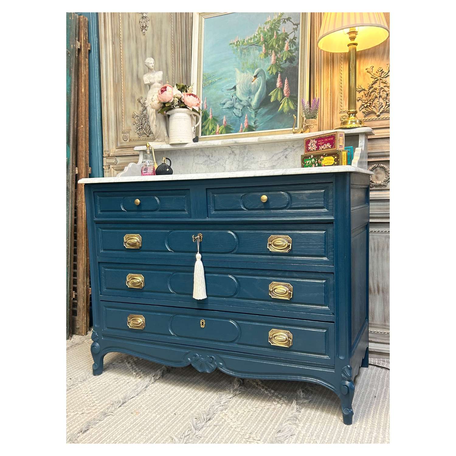 French Marble Top Chest of Drawers painted in Hague Blue