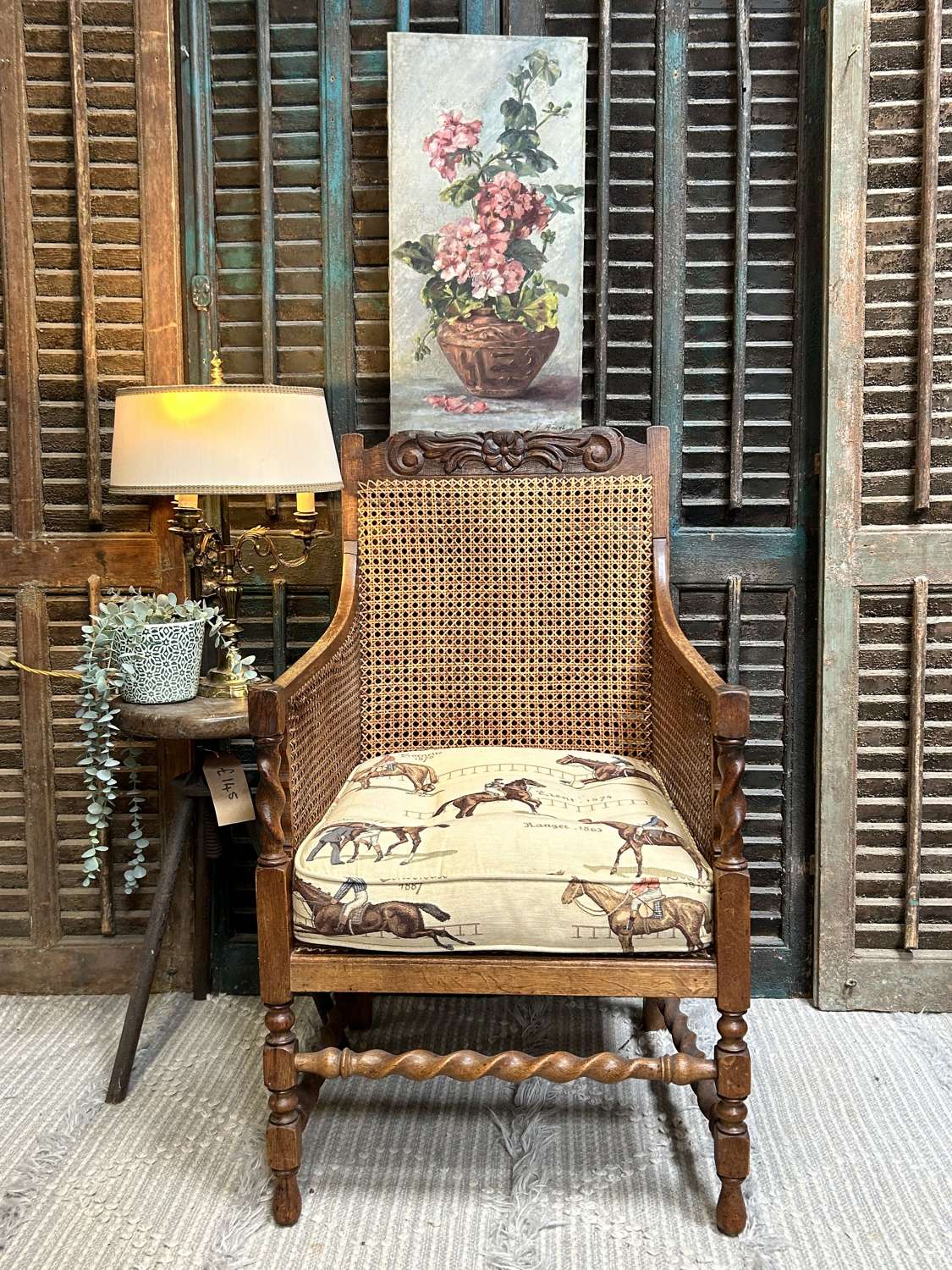 Vintage French Cane Bergere Chair with Cushion