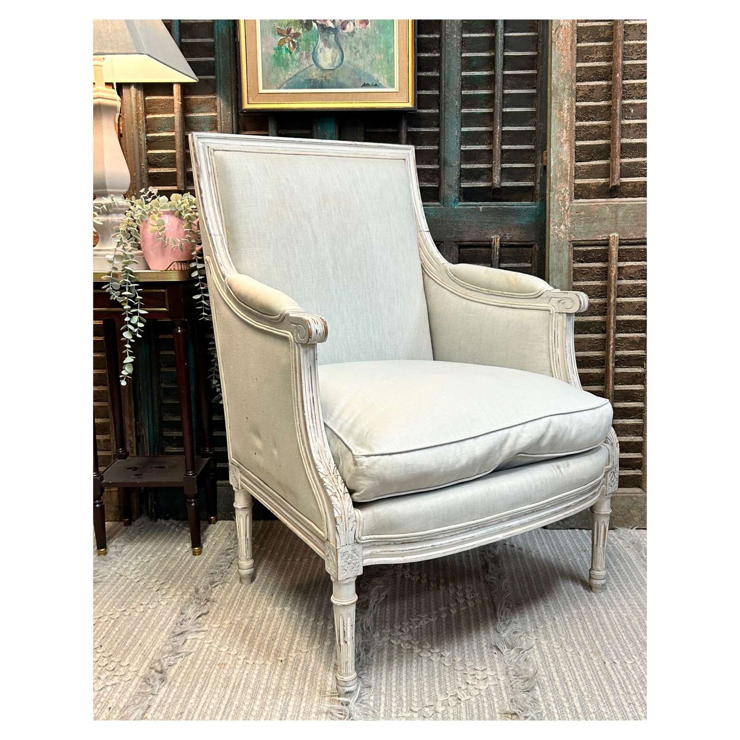 French Linen Upholstered Bergere Chair with Distressed Painted Frame