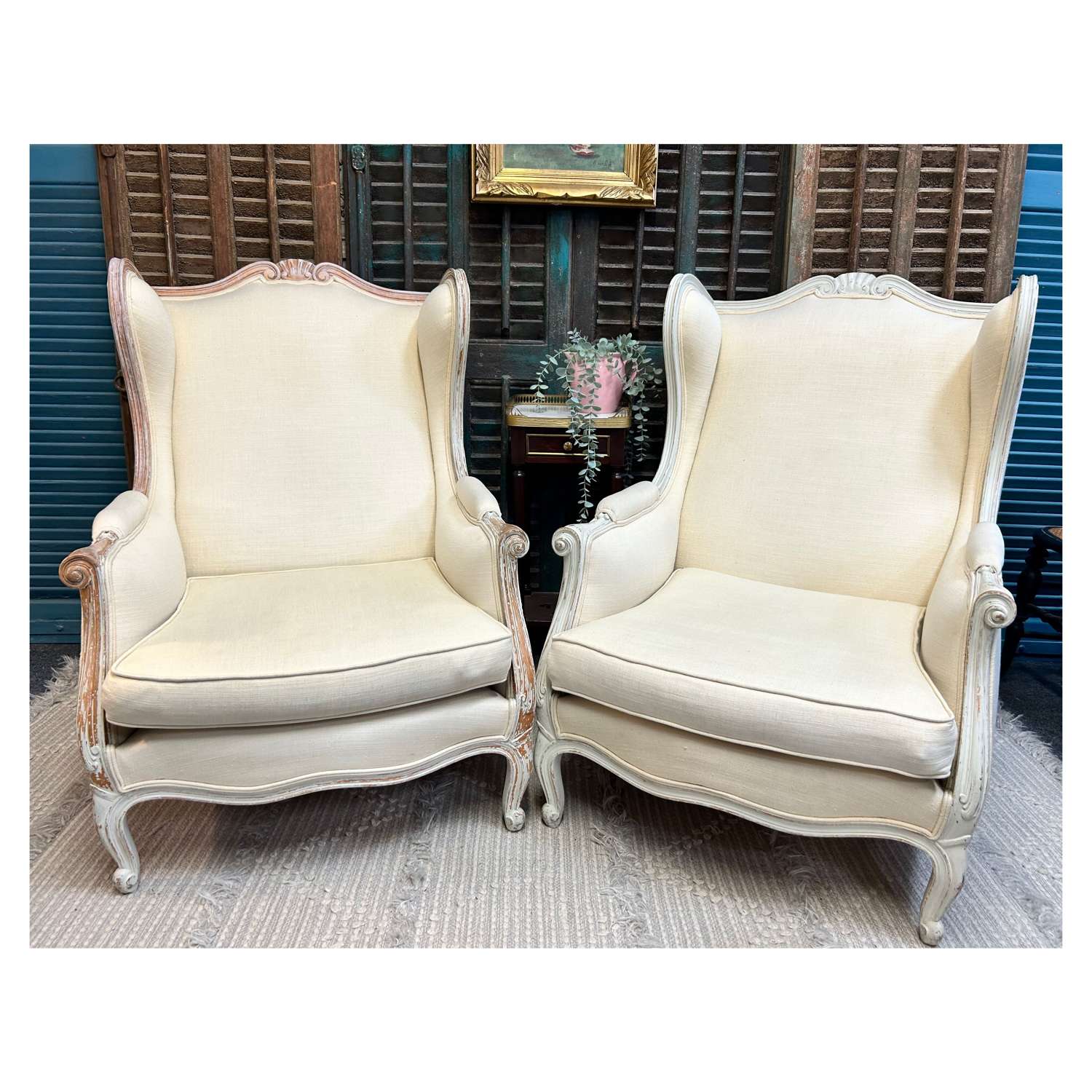Pair of French Upholstered Wingback Armchairs