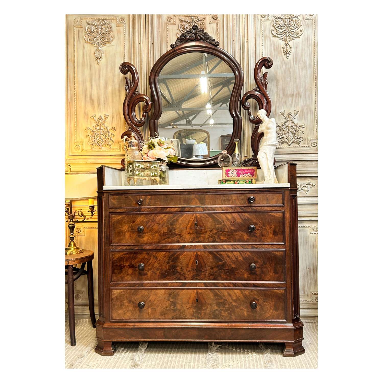French Antique Flame Mahogany Marble Top Chest of Drawers with Mirror