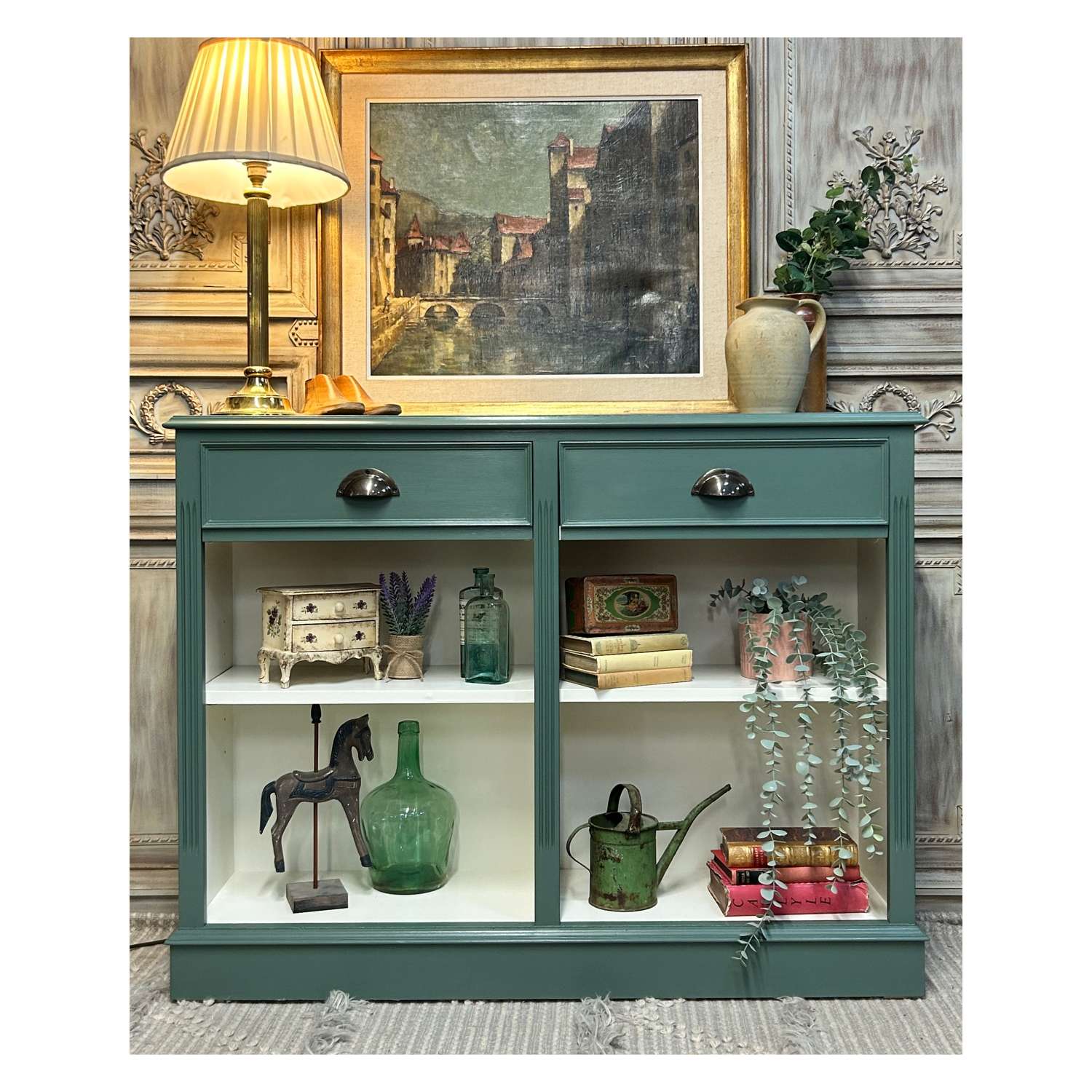 Grey Green and White Painted Bookcase / Console / Sideboard