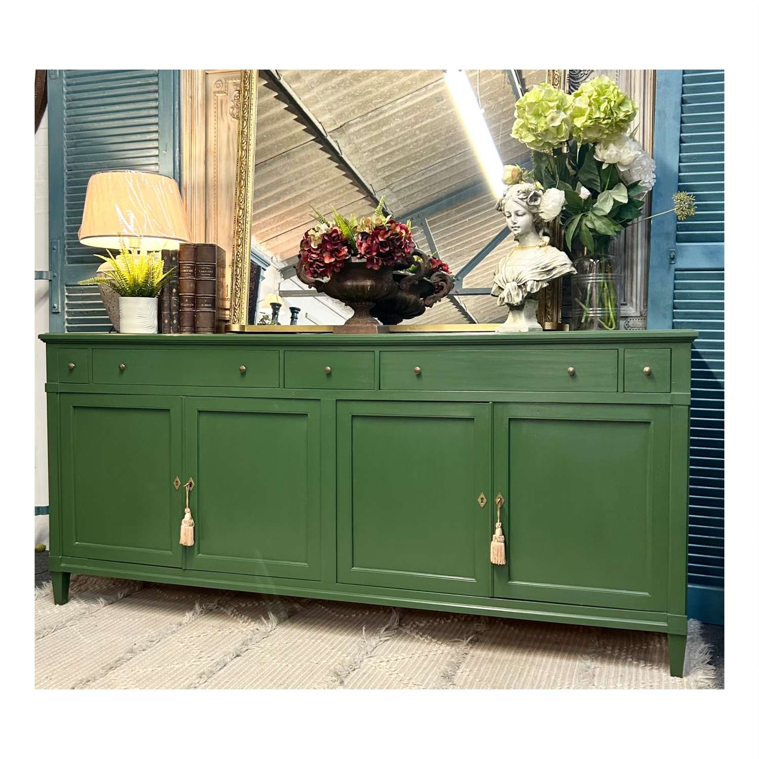 Large French Cherrywood Sideboard in Lush Green Beverly 210cm long