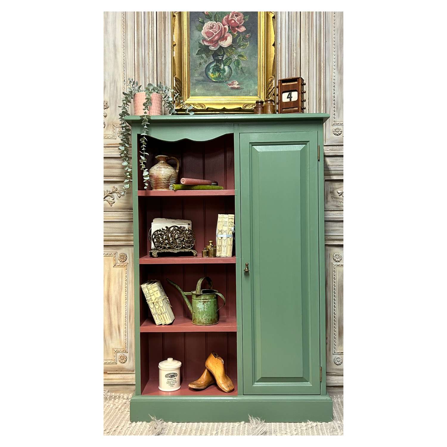 Pink and Green Bookcase and Cupboard