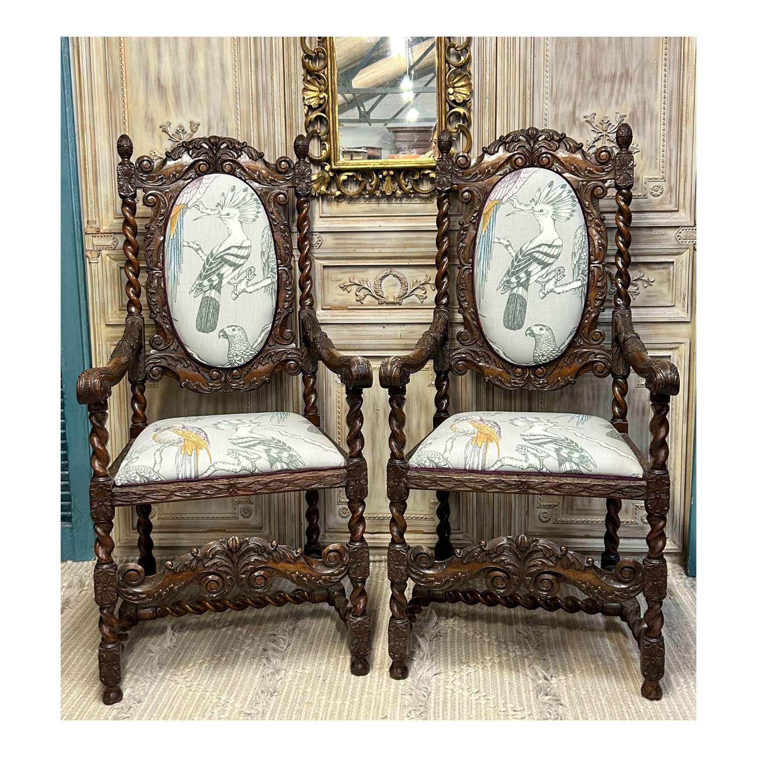 19th C Pair Of Antique Carved Oak Carver Chairs - Parrot Fabric