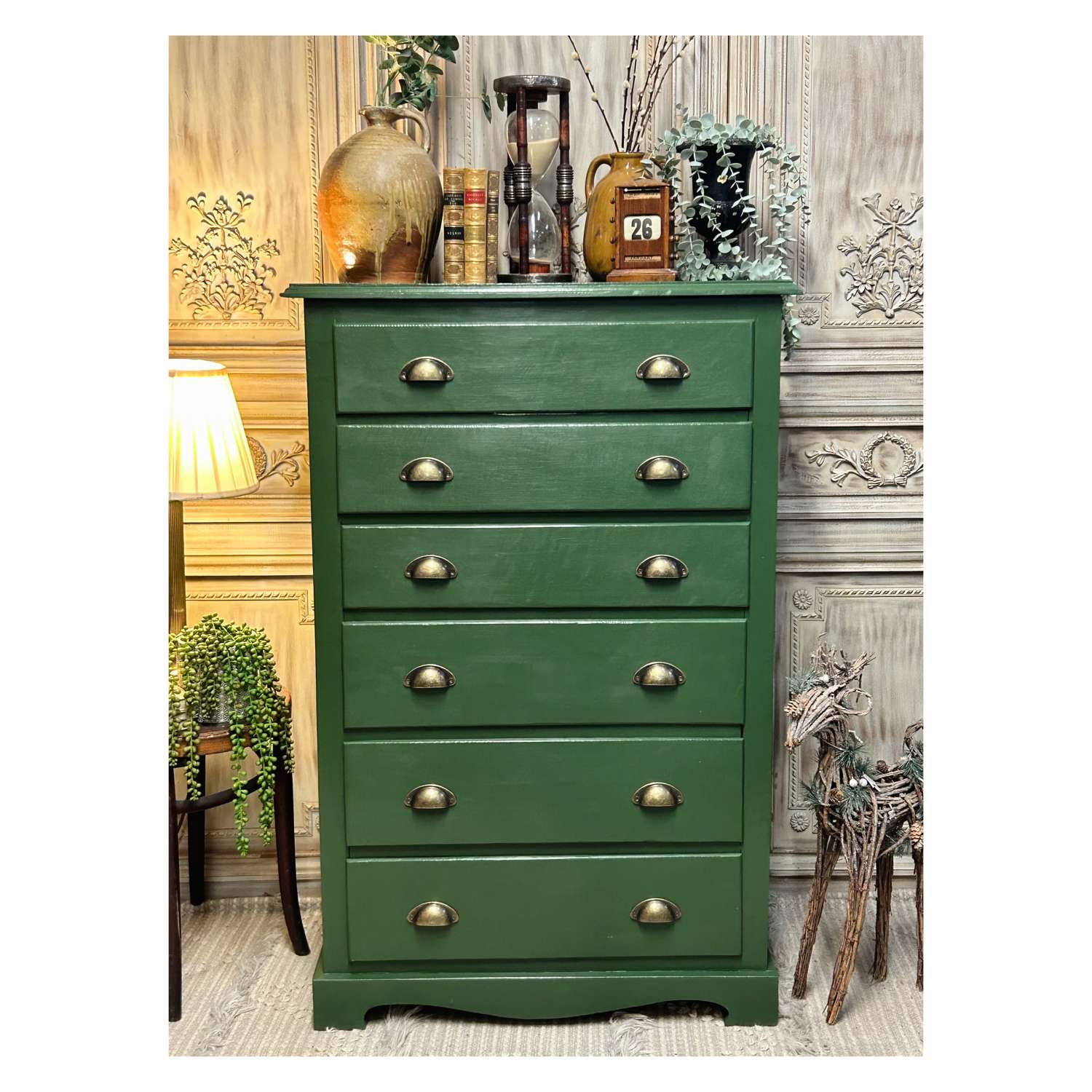 Vintage Tall pine chest of drawers in Beverly by Farrow and Ball