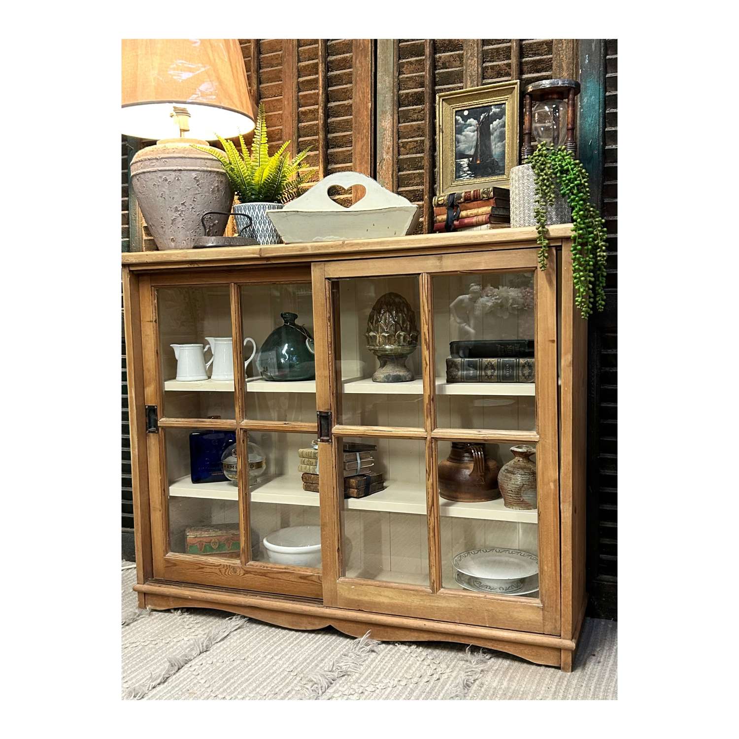 Antique Pine Glazed Bookcase Cabinet with Sliding Doors