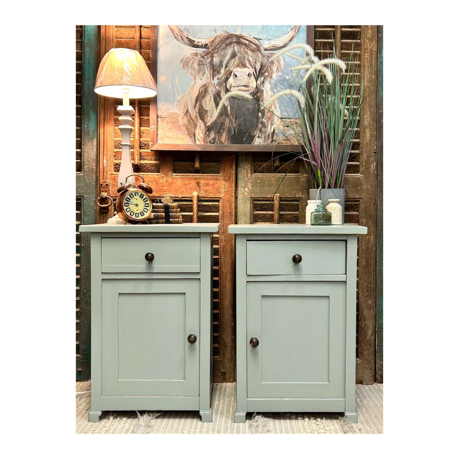 Vintage Shabby Pine Bedside Cabinets in Pigeon
