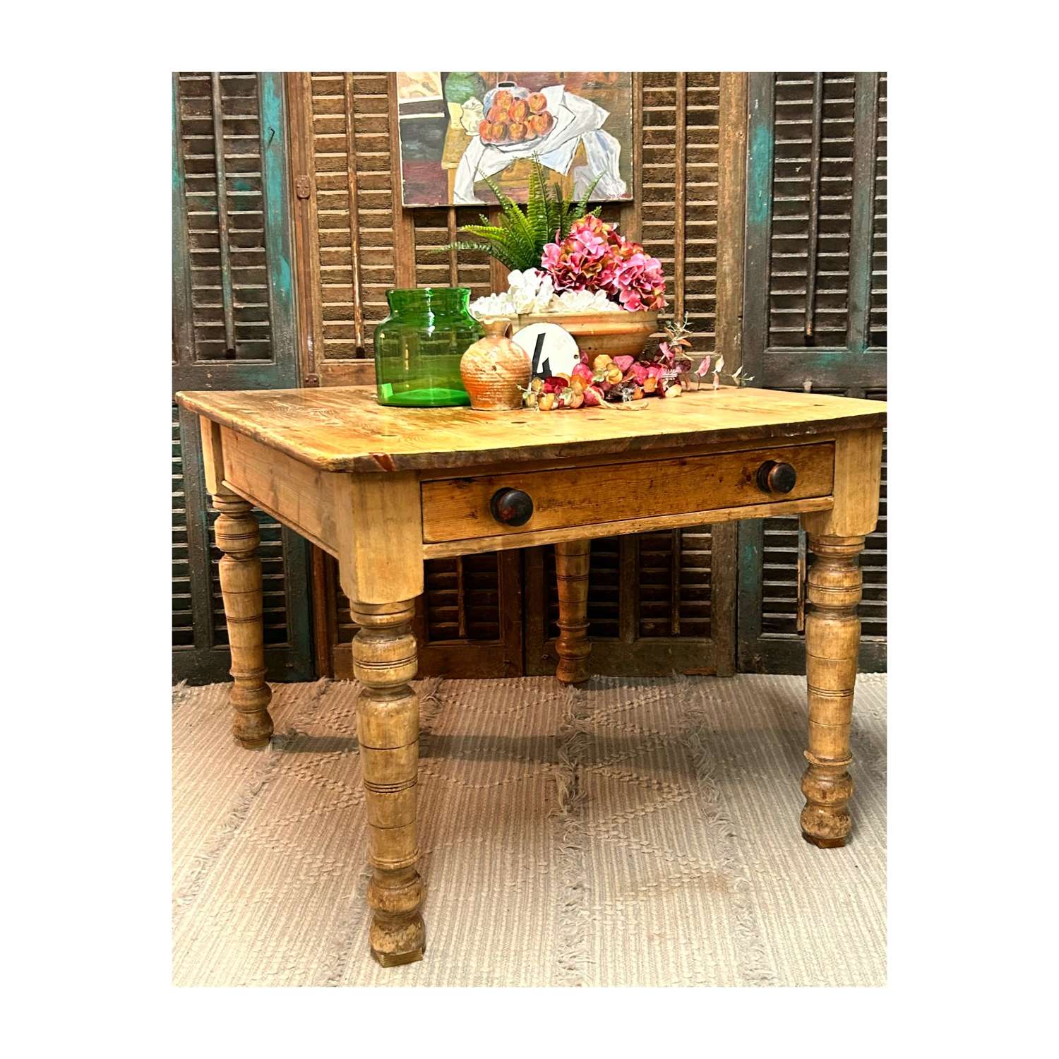 Antique Rustic Pine Farmhouse Table with Drawer