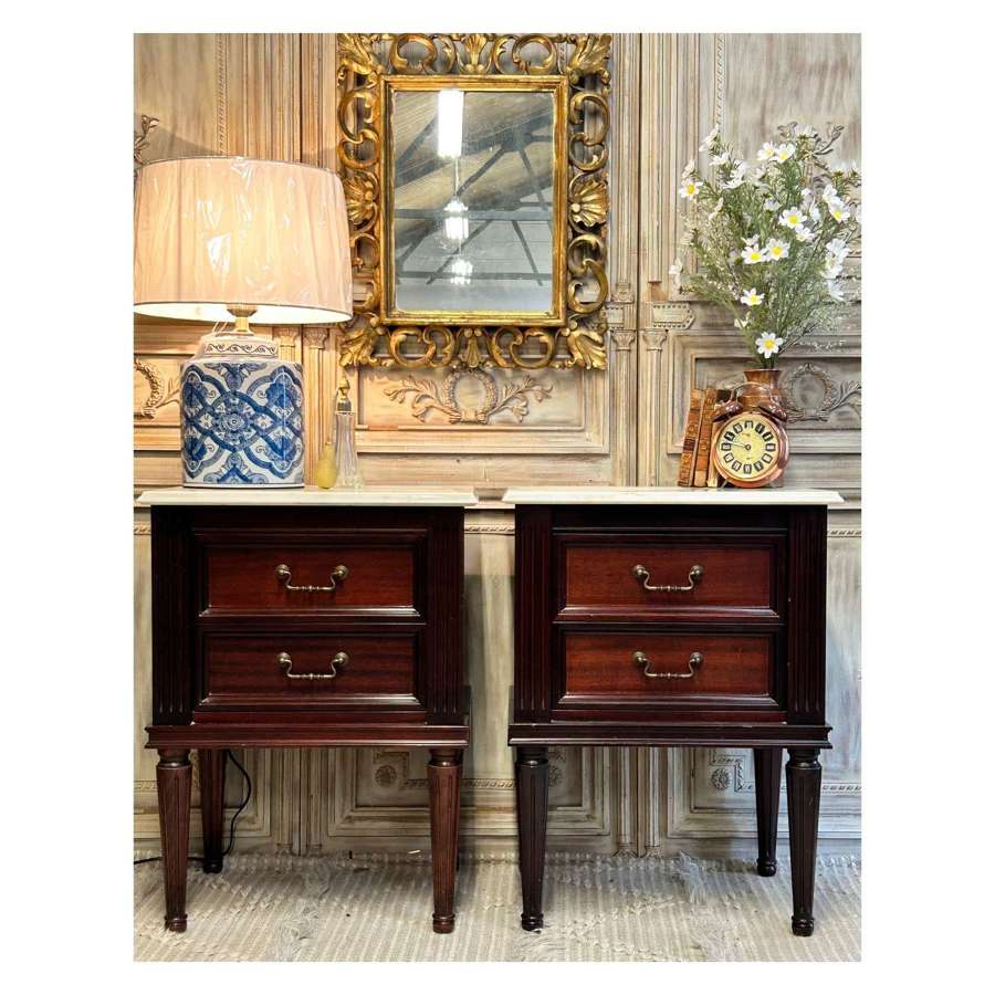 Pair of French Mahogany Marble top Bedside Tables