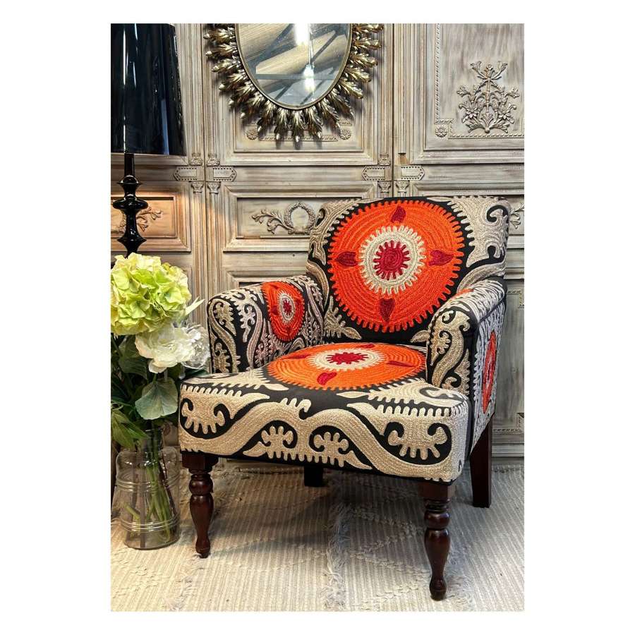 Embroidered Folk Pattern Armchair, Orange, Black and White Chairs